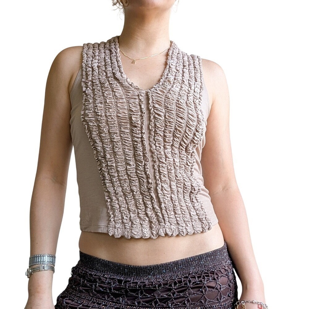 DKNY Y2K Romantic Whimsical Euro Summer Ruched Ruffle Textured Tank Top